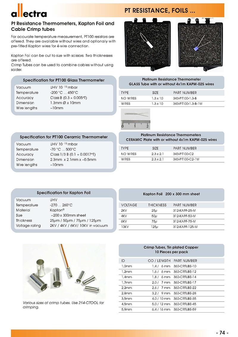 Allectra Pt Resistance Thermometers, Kapton Foil and Cable Crimp tubes(Pt电阻热偶，Kapton薄膜和线缆卷曲管)