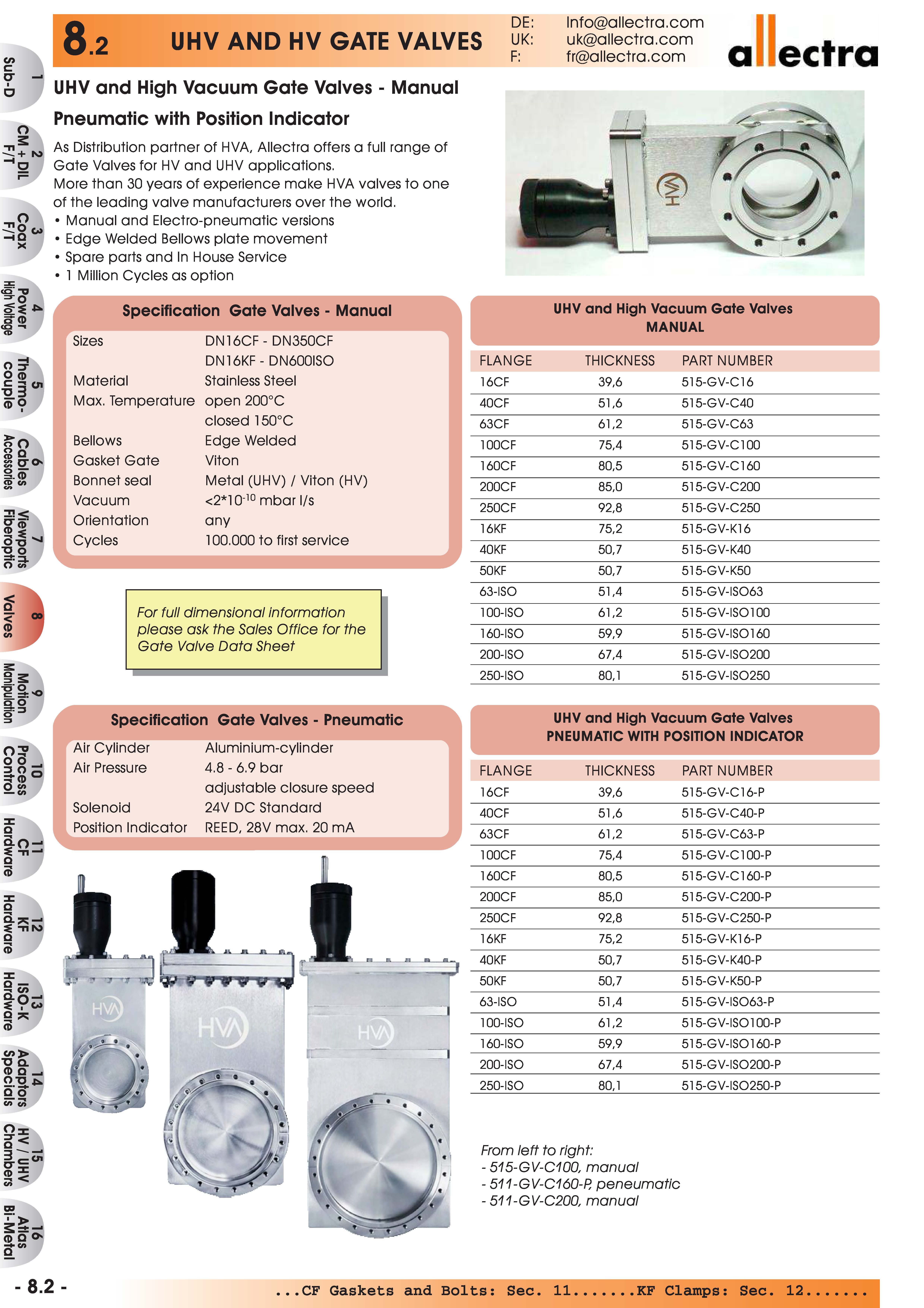 allectra超高真空和高真空门阀，手动型，气动型