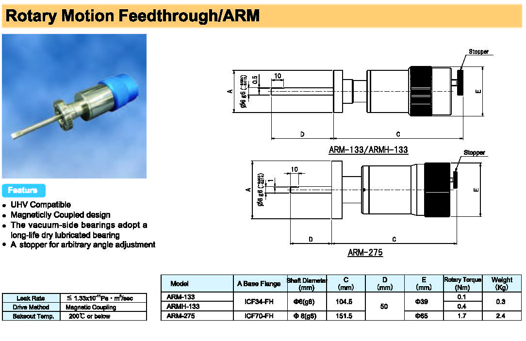 Rdec VacuumProducts 旋转驱动真空馈通ARM型
