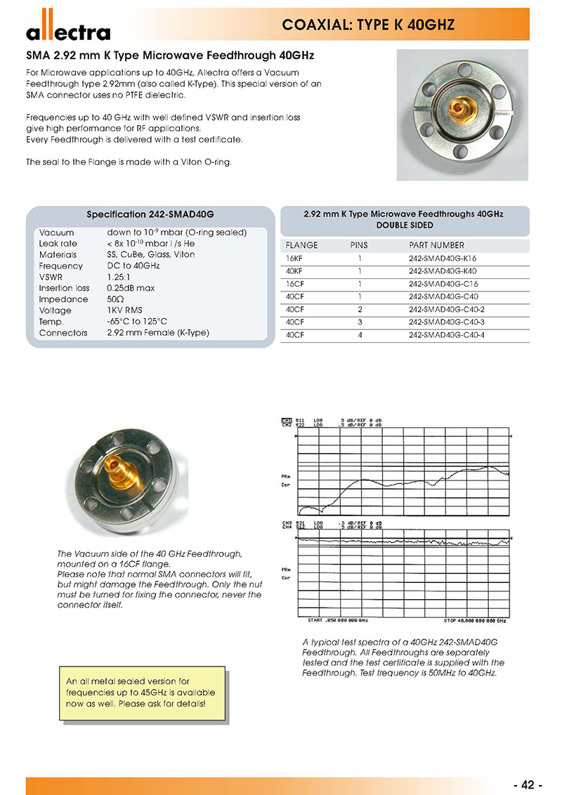 allectra同轴型SMA2.92mm K型微波真空馈通40GHz