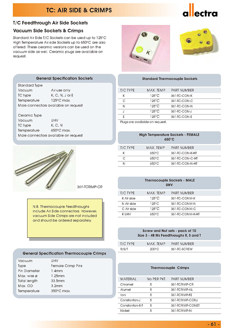 allectra热电偶，大气端插座，真空端插座和插针