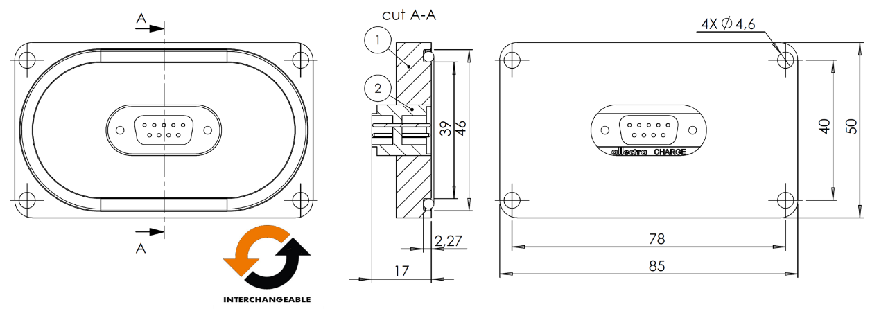 allectra基板Sub-D的尺寸。法兰为标准尺寸，内部真空馈通根据实际需要配置（9针-50针）