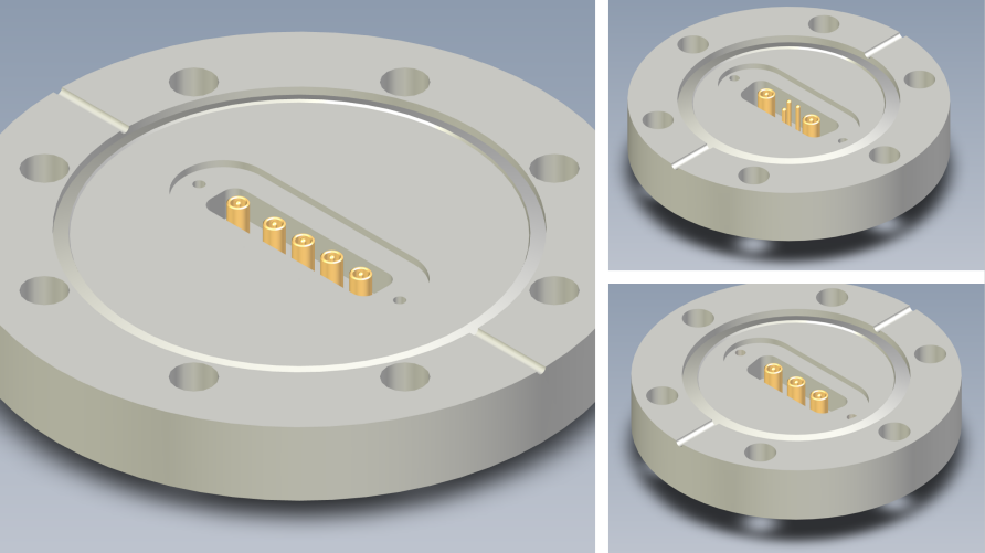 图七：（左）5C（5针同轴插针，CF63法兰）；（右上）2C+3S（2针同轴插针+3针标准插针，CF35法兰）；（右下）3C（3针同轴插针，CF35法兰）